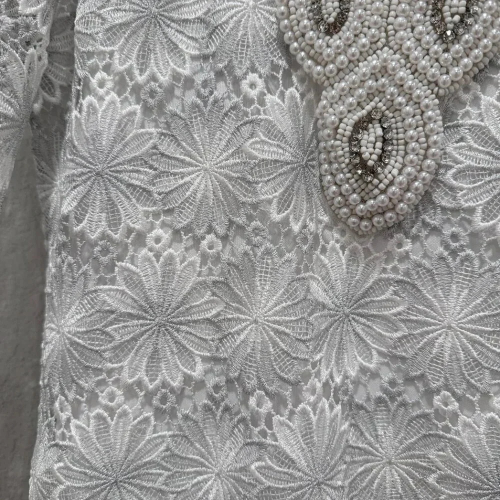 Boston Proper Embellished Metallic Floral Lace Tunic Dress White/Silver Size XS - Picture 7 of 16